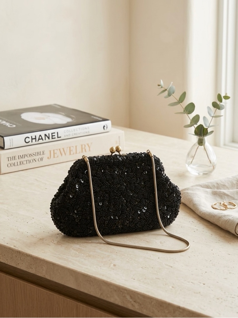 Vintage Black Beaded Evening Clutch with Gold Chain - Picture 2 of 10